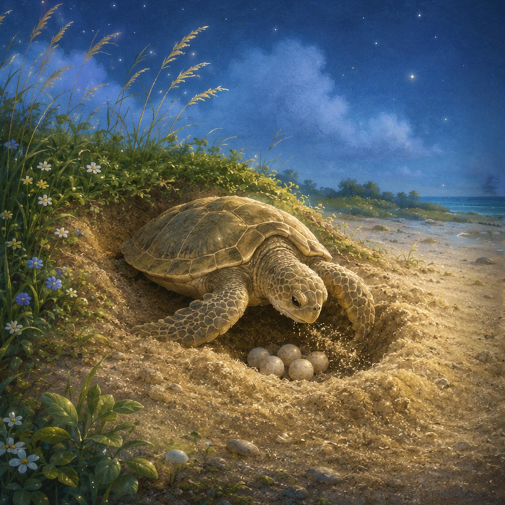 Illustration of a mother sea turtle laying eggs at night, from A Mommy's Love