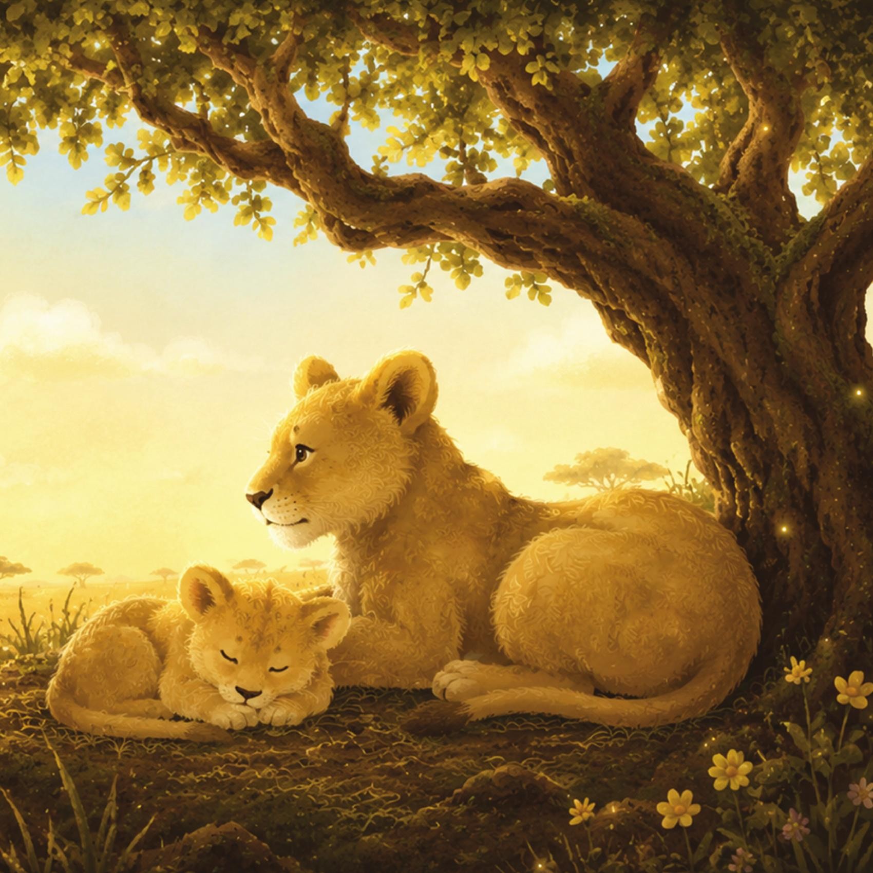 A lion and cub resting under a tree, illustration from A Mommy's Love