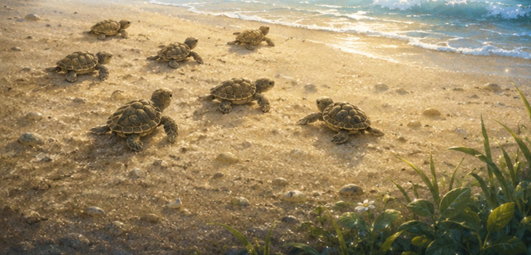 A mother sea turtle and hatchlings, illustration from A Mommy's Love