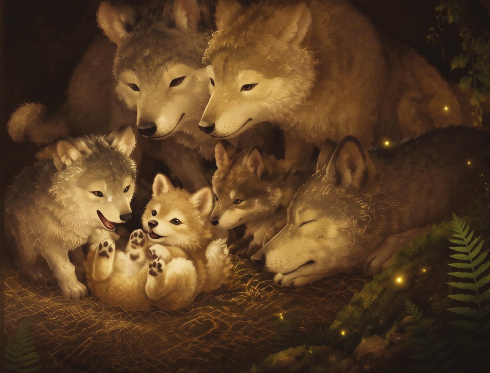 A wolf pack and pups, illustration from A Mommy's Love